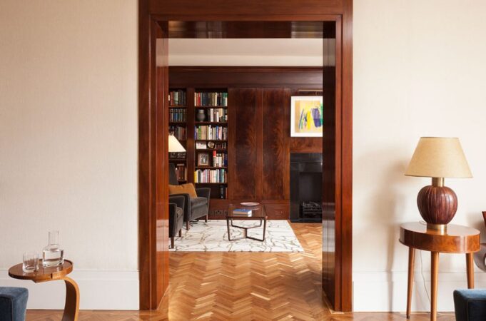 View into beautiful mahogany library. Hand french polished on-site incorporating door frame etc